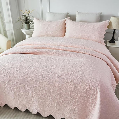 Brandream Queen Size Quilt Set Cotton Light Pink Quilts Farmhouse Bedding Set Matelasse Coverlet Set Scalloped Edge Quilts 3-Piece