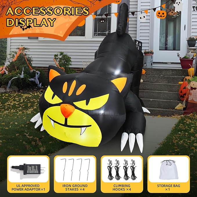 7FT Dia Halloween Inflatable Black Cat with Build-in LED Lights, Blow up Black Cat Inflatable Outdoor Indoor Decoration Large Party Yard Decoration