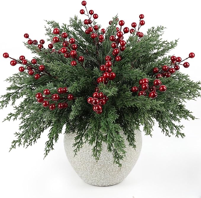 12Pcs/84Pcs Christmas Artificial Pine Branches with Red Berry Stems, 18‘’ Faux Evergreen Christmas Tree Picks, Cedar Cypress Leaves Stems for Xmas Decorations Indoor DIY Craft Garland Home Decor