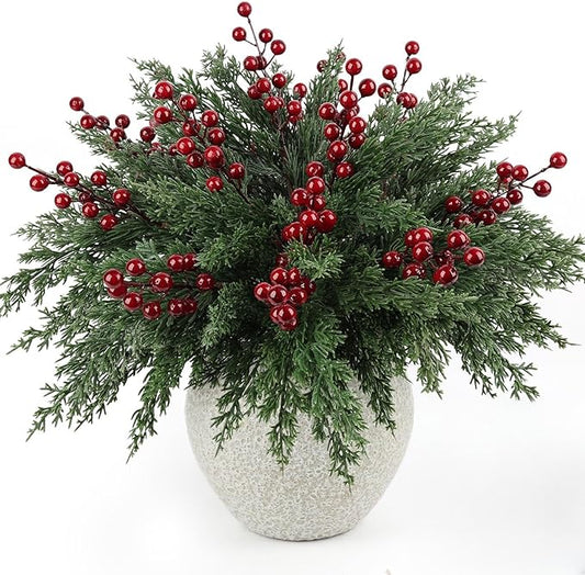 12Pcs/84Pcs Christmas Artificial Pine Branches with Red Berry Stems, 18‘’ Faux Evergreen Christmas Tree Picks, Cedar Cypress Leaves Stems for Xmas Decorations Indoor DIY Craft Garland Home Decor