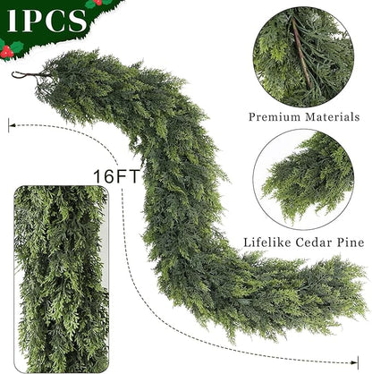 16FT Real Touch Cedar Garland for Fireplace - Artificial Christmas Garlands Realistic Faux Greenery Fake Pine Needles Garland for Holiday,Table, Window,Mantel,Stairs, Home,Indoor Outdoor Decor (1PCS)