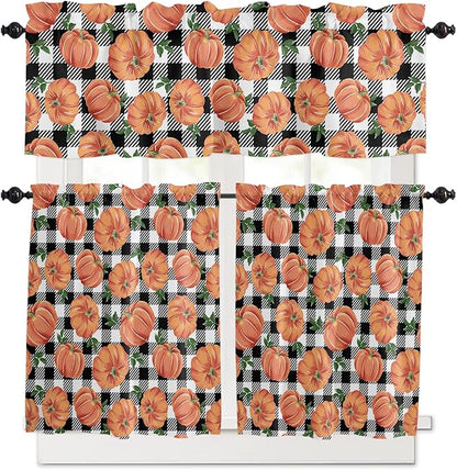 Fall Kitchen Curtains and Valances Set, Thanksgiving Halloween Pumpkins Small Windows Treatments Tiers Half/Short Curtains forCafe /Living Room/Bedroom 54x24 in, Farmhouse Black White Buffalo Plaid