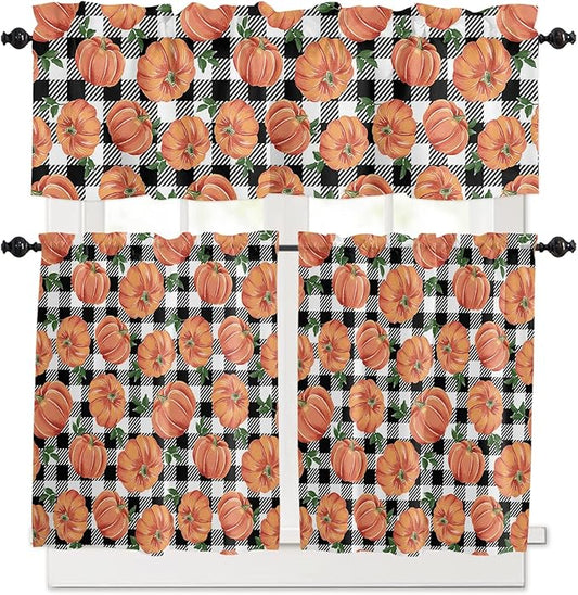 Fall Kitchen Curtains and Valances Set, Thanksgiving Halloween Pumpkins Small Windows Treatments Tiers Half/Short Curtains forCafe /Living Room/Bedroom 54x24 in, Farmhouse Black White Buffalo Plaid