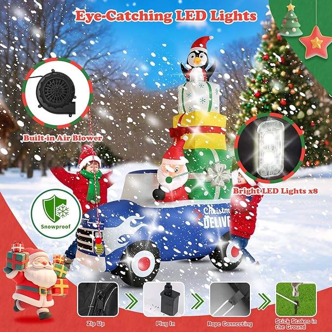 Christmas Decorations Outdoor Inflatables 10FT Christmas Car with Gift Package Inflatable Decor with Build-in LEDs Blow Up for Christmas Party Indoor Outdoor Yard Garden Lawn Patio