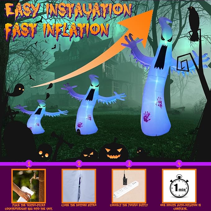 Gardwin 12ft High Halloween Inflatable Ghost Outdoor Decoration, Halloween Blow Up Yard Decoration with Built-in 4 Color LED, Inflatable Halloween Decorations for Indoor and Outdoor Party, Garden Lawn