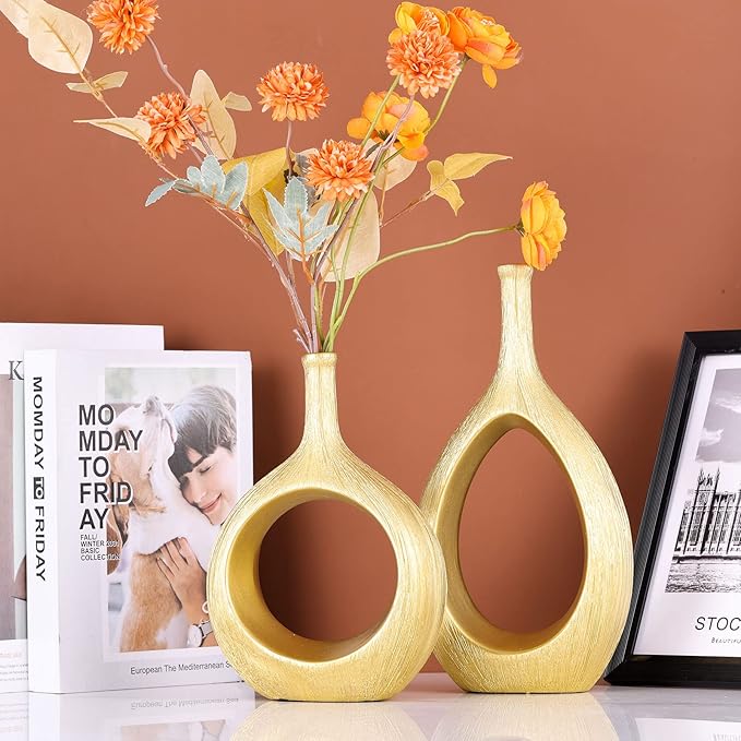 Brushed Gold Ceramic Vase Set 2,Modern Hollow Circle with Hole Flower Vase for Home Decor,for Table Centerpieces,Farmhouse,Fire Place,Living Room,Bedroom,Office,Bookshelf,Rustic Decor