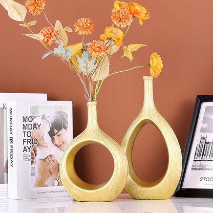 Brushed Gold Ceramic Vase Set 2,Modern Hollow Circle with Hole Flower Vase for Home Decor,for Table Centerpieces,Farmhouse,Fire Place,Living Room,Bedroom,Office,Bookshelf,Rustic Decor