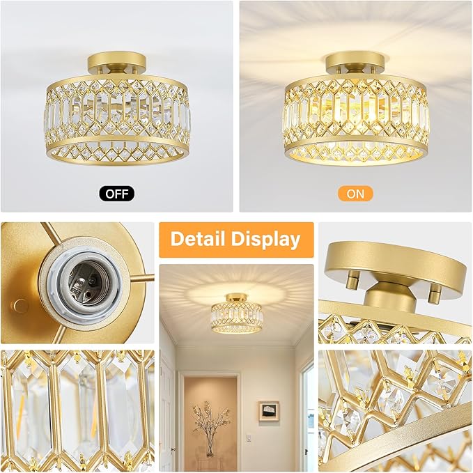 Crystal Ceiling Light Fixture, Modern Semi Flush Mount Ceiling Light, Gold Lighting Fixtures Ceiling Lamp for Hallway, Kitchen, Entryway, Bedroom, Laundry Room, 1-Light, 11.4 Inch