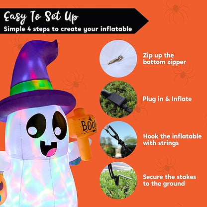 Joiedomi 5 FT Halloween Inflatables Ghost Outdoor Decorations, Blow Up Cute Wizard Ghost with Pumpkin, Blow Up Yard Decoration with Rotating Colorful LED for Halloween Lawn Garden Party Decor