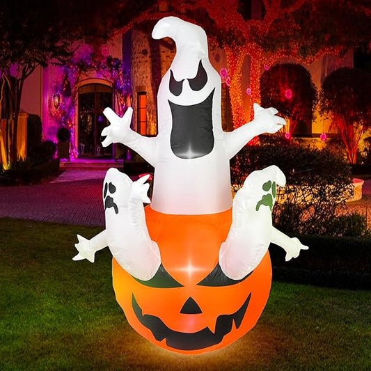 Dearsun 6FT H Halloween Inflatable Pumpkin Ghosts with Build-in LED Lights, Blow up Halloween Inflatable for Indoor Outdoor Party Garden Lawn Holiday Decor (Three Ghosts with Pumpkin)