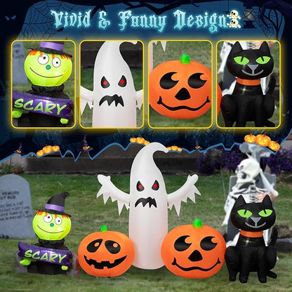 8FT Long Halloween Inflatable Outdoor Decorations Pumpkin Ghost and Black Cat Inflatable Yard Decoration with Build in LEDs Blow Up Ghost for Indoor Outdoor Party Lawn Yard Garden Decor