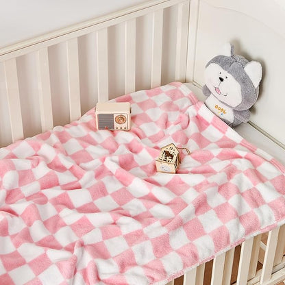 Checkered Baby Blanket for Girls Pink Fleece Baby Blankets for Girls Boys, Warmer Comfort Lightweight Bed Blanket for Toddlers Infants or Newborn, 30''x40'', Pink
