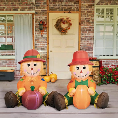 3.3FT Fall Day Outdoor Inflatable Decoration, Set of 2 Adorable Air-Blown Boy Girl Scarecrow with Pumpkin Yard Decor, Lighted Thanksgiving Harvest Decorations for Front Door Garden Lawn