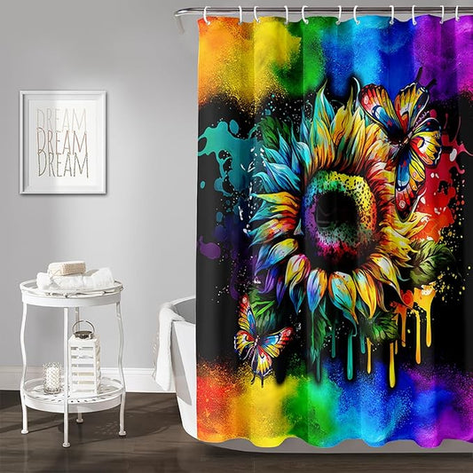AILONEN Sunflower Shower Curtain, Watercolor Flower Rainbow Decoration,Polyester Fabric,Waterproof with 12 Plastic Hooks Shower Curtains Washable, 72" W x 84" H