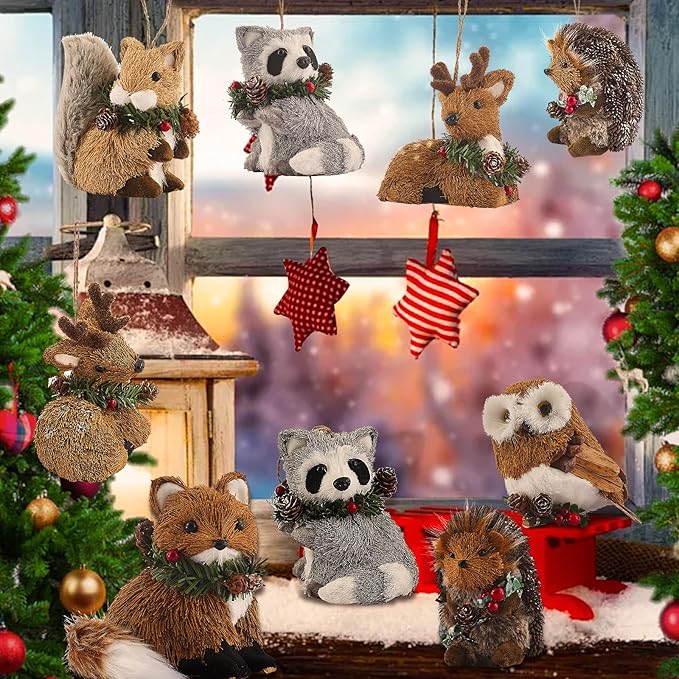 Nature Vibe Sisal Woodland Animals Christmas Tree Ornaments,Set of 6 Natural Woodland Creatures Christmas Ornaments in Gift Box for Rustic Christmas Tree Decorations or Farmhouse Decor