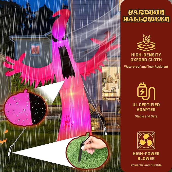 Gardwin 8FT High Halloween Inflatables Ghost Outdoor Decorations, Inflatable Yard Decorations, Blow up Outdoor Halloween Holiday Decor with 4 Color LED Lights for Home Yard Garden Lawn