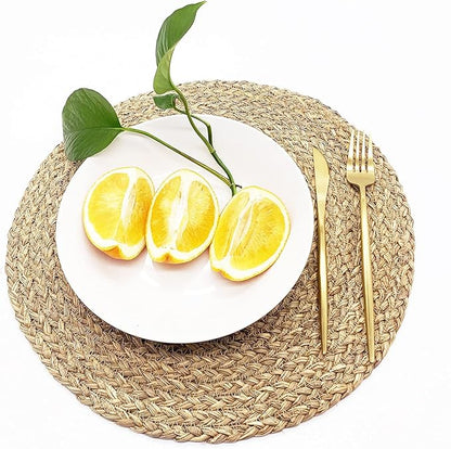 Woven Placemats for Dining Table Set of 6, 100% Natural Straw, Rustic Round Placemats Farmhouse Table Mats Rattan Wicker Placemats Hand Braided Place Mats for Indoor Outdoor, 14.17“