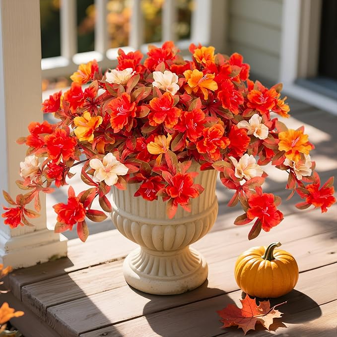 Fall Flowers Artificial for Decoration, Fake Silk Rhododendron Flowers for Outdoors, 2 Bundles Faux Azalea Outside UV Resistant No Fade Floral for Home Garden Balcony Walkway Wedding Party Decor