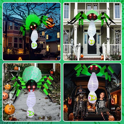 7FT Halloween Inflatables Spider Outdoor Decorations, Large Halloween Blow Up Yard Decorations with Mummy and Green LED Light, Scary Inflatable Decor for Eaves Cobweb Window Yard Lawn