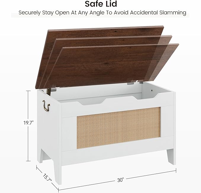 IDEALHOUSE Storage Chest, Rattan Toy Chest for Boys Girls, 30" Kids Wood Large Toy Box, Storage Bench with Safety Hinge,Storage Trunk for Entryway, Living Room, Bedroom, Playroom, White