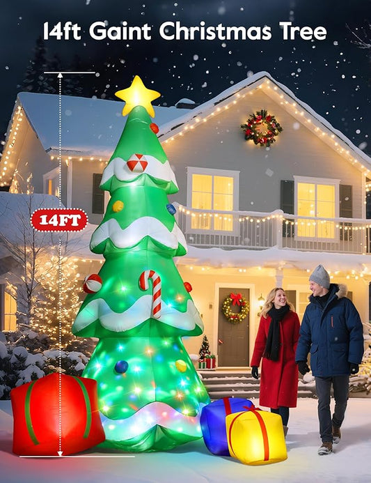 Dawdix 14FT Christmas Tree Inflatable Outdoor Decoration, Giant Christmas Inflatables Tree with 3 Gift Boxes, Lighted Christmas Decoration for Yard, Blow Up Xmas New Year Lawn Decor