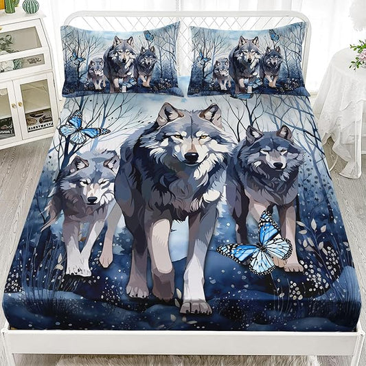 AILONEN Wolf Fitted Sheet Set Twin XL Size for Boys Girls Animal Wolf Wildlife Bed Sheet Set,Tie Dye Wolf Fitted Sheet with 2 Pillowcases,3 Pieces Safari Wolves Print Bed Sheet Set