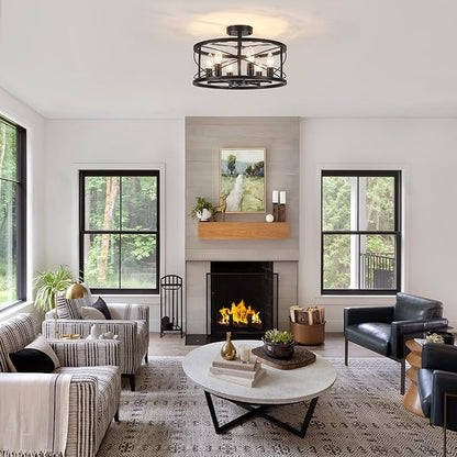 6-Light Black Semi Flush Mount Ceiling Light, 16.93'' Modern Farmhouse Close to Ceiling Light Fixtures, Ceiling Lamp for Hallway Entryway Kitchen Dining Room Living Room Bedroom Lights, UL Listed