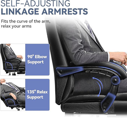 Big and Tall Executive Leather Reclining Office Chair with Footrest and Lumbar Support