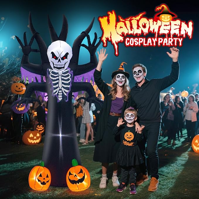 8FT Halloween Tree Inflatable Decoration- Blow Up Yard Skeleton Ghost Tree with 2 Pumpkin Faces with Build-in LED Lights for Home Halloween Party Garden Lawn Indoor Outdoor Decor