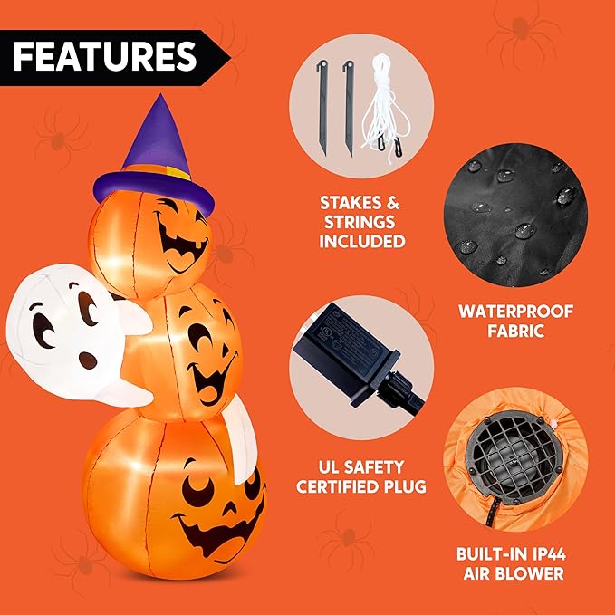 Joiedomi 6 FT Tall Halloween Inflatable Outdoor Decorations, Pumpkin Inflatable Halloween Decor Outdoor, Blow Ups Ghost and Pumpkins with Witch Hat for Cute Decorations Outdoor