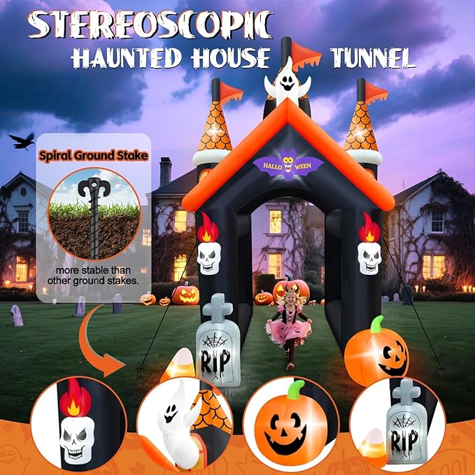 12FT Halloween Inflatable Archway with LED Light, Kalolary Large Haunted House Inflatable Ghost Pumpkin Blow up Tunnel Halloween Outdoor Yard Decoration for Halloween Party Home Lawn Family