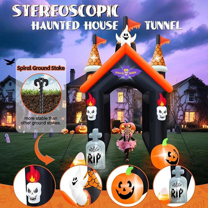 12FT Halloween Inflatable Archway with LED Light, Kalolary Large Haunted House Inflatable Ghost Pumpkin Blow up Tunnel Halloween Outdoor Yard Decoration for Halloween Party Home Lawn Family
