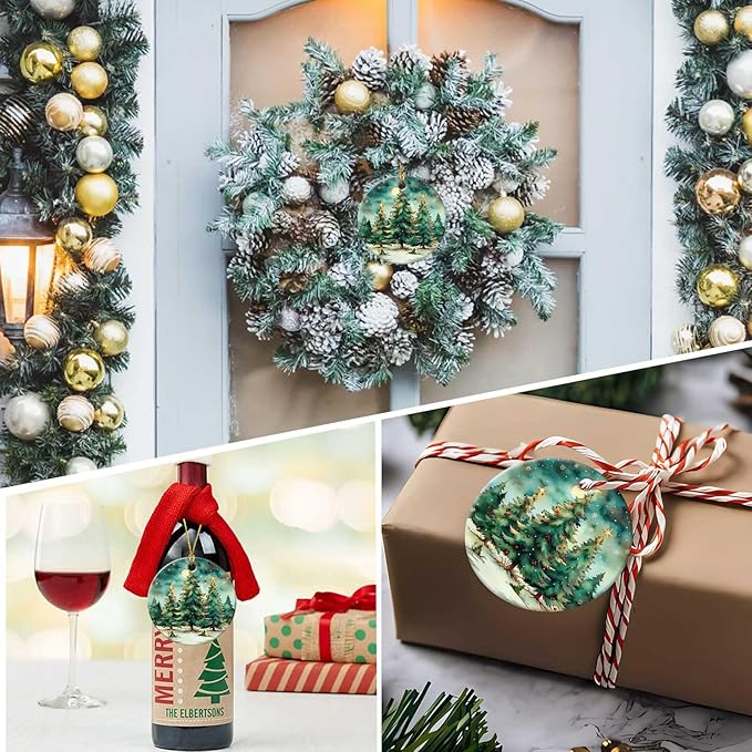 Christmas Tree Forest Ornaments Round Ceramic Ornament Christmas Keepsake Decor for Xmas Tree Winter Holiday Xmas Gift for Women Men Hanging Ornament 3"