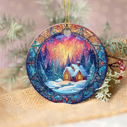 Happy Winter Ornaments Snow Village Round Ceramic Colorful Hanging Ornament Christmas Keepsake Decor for Xmas Tree Winter Holiday Xmas Gift for Women Men 3"