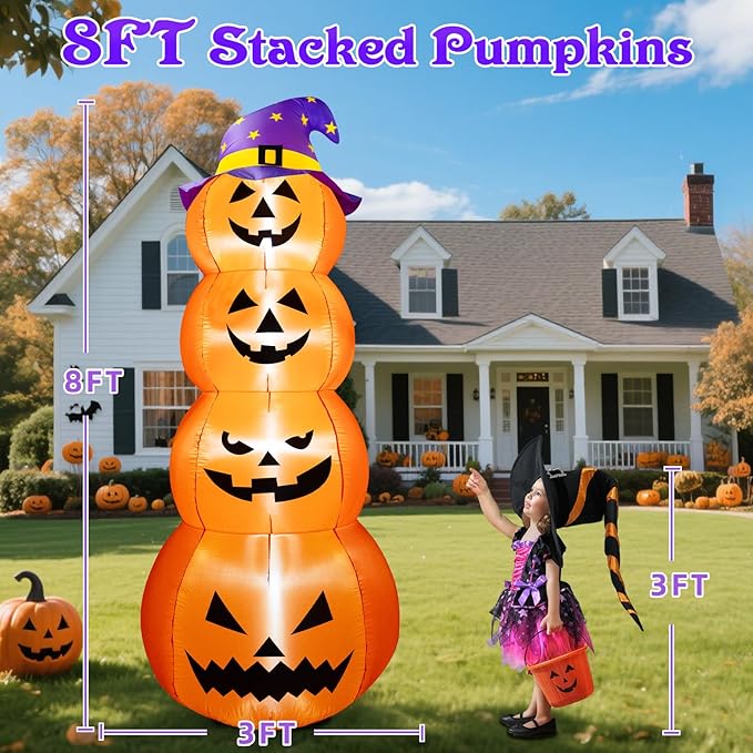 B&D 8FT Halloween Inflatable Outdoor Decoration Stacked Pumpkins with Witch’s Hat, Inflatable Halloween Decorations Blow up Pumpkin Built-in LEDs for Holiday Party Indoor Outdoor Yard Garden Lawn