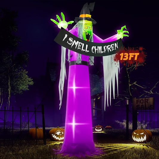 13FT Halloween Outdoor Inflatables, Scary Blow Up Witch Holding I Smell Children Banner, Pre-lit Witch Inflatables Decor, Giant Halloween Outdoor Decorations for Party Garden Lawn