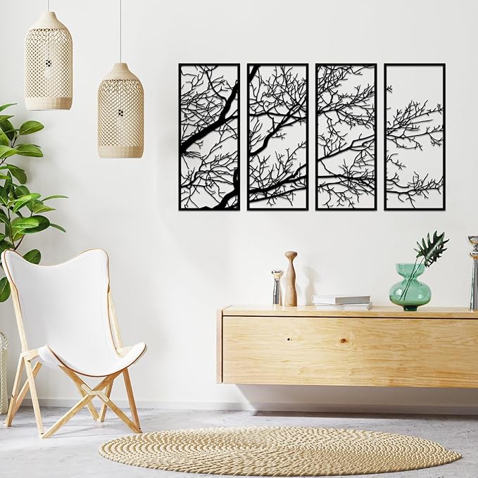 ESTART 4 Pieces Tree of Life Metal Wall Decor, Black Tree Branch Metal Wall Art, Tree Sign Wall Hangings for Home Garden Office Living Room Indoor Outdoor (Large)