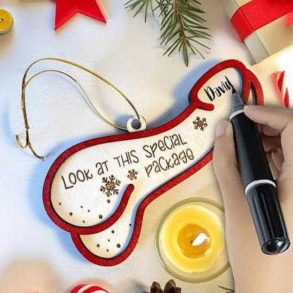 Look at This Special Package Novelty Christmas Ornament - Fun and Quirky Wooden Penis-Shaped Holiday Decoration - Easily Add A Name in Penis-Shaped Ornament with Oil Marker (Marker Not Included)