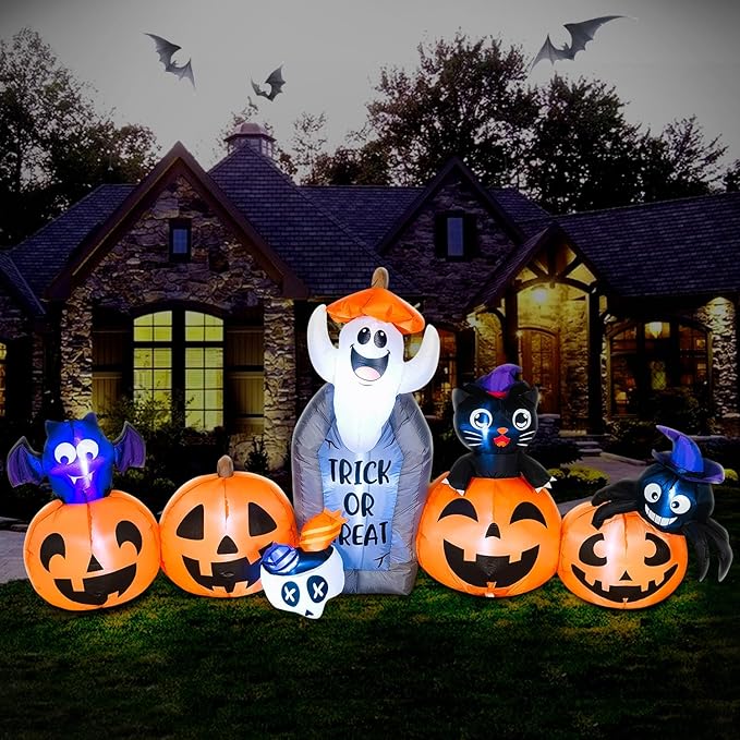 DomKom 8FT Halloween Inflatable Decorations, Blow Up Pumpkins and Tombstone Ghost Cat Bat Spider, LED Lights, Holiday Decoration for Halloween Party Outdoor, Yard, Garden Lawn Décor