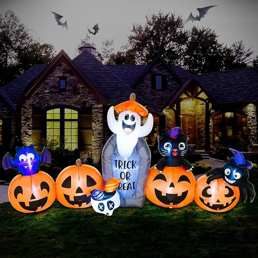 DomKom 8FT Halloween Inflatable Decorations, Blow Up Pumpkins and Tombstone Ghost Cat Bat Spider, LED Lights, Holiday Decoration for Halloween Party Outdoor, Yard, Garden Lawn Décor