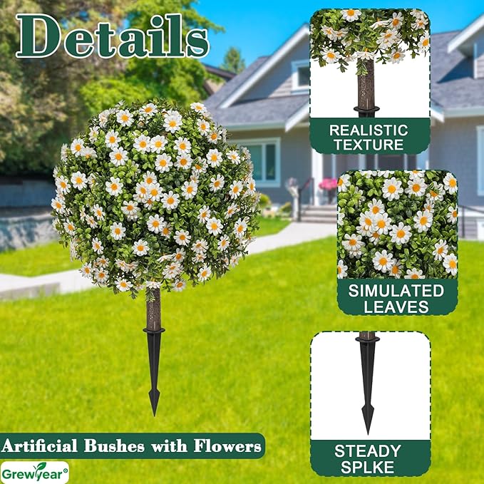 Artificial Topiary Ball with Ground Spike Set of 2, Faux Boxwoods for Outdoor Planters, UV Resistant Artificial Outdoor Plants for Porch, Fake Bushes Round Flower Shrub with White Daisy