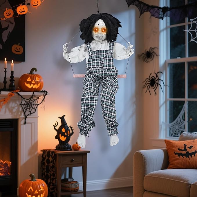 Prsildan Hanging Halloween Decorations Outdoor Swing Boy, Halloween Animatronic Scary Decor Life-Size Halloween Props with Creepy Sounds Motion for Outside Indoor Trees Yard