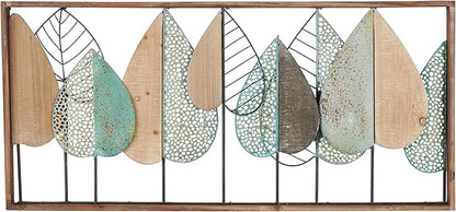 Deco 79 Wood Leaf Home Wall Decor Cutout Wall Sculpture with Green and Black Metal Wire Accents, Wall Art 47" x 3" x 22", Brown