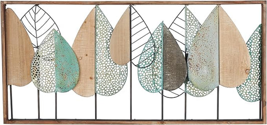 Deco 79 Wood Leaf Home Wall Decor Cutout Wall Sculpture with Green and Black Metal Wire Accents, Wall Art 47" x 3" x 22", Brown