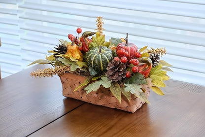 Fall Decor - Faux Pumpkins, Pine Cones, Berries and Maple Leaves in Rectangular Woven Basket for Table Centerpiece, Shelf, Mantel - Autumn Thanksgiving Arrangement for Home Indoor Outdoor - 14" Long