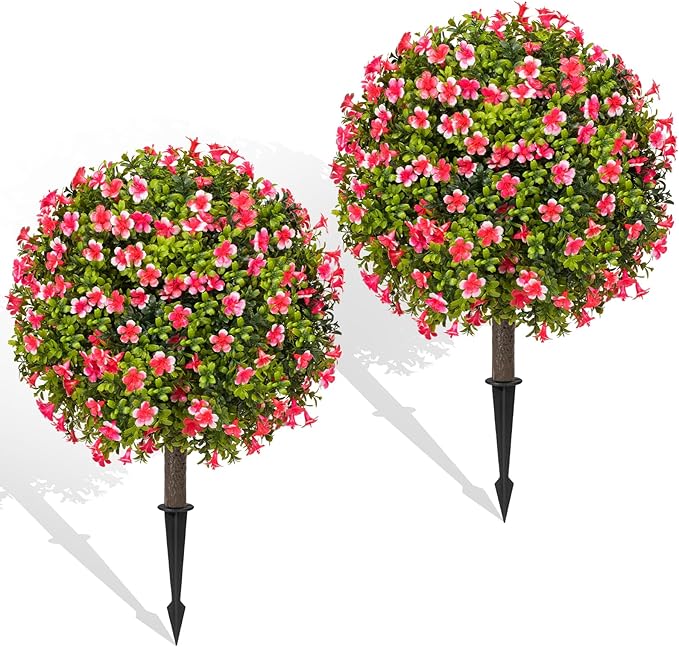 Artificial Topiary Ball with Ground Spike Set of 2, Faux Boxwoods for Outdoor Planters, UV Resistant Artificial Outdoor Plants for Porch, Fake Bushes Round Flower Shrub with Pink Lilac