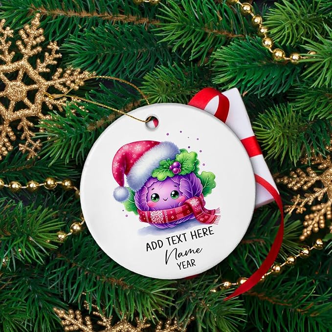 Customized Purple Cabbage Ceramic Ornament With Name Xmas 2025, Christmas Tree Hanging, Personalized Add Text Christmas Decor Gifts for Family