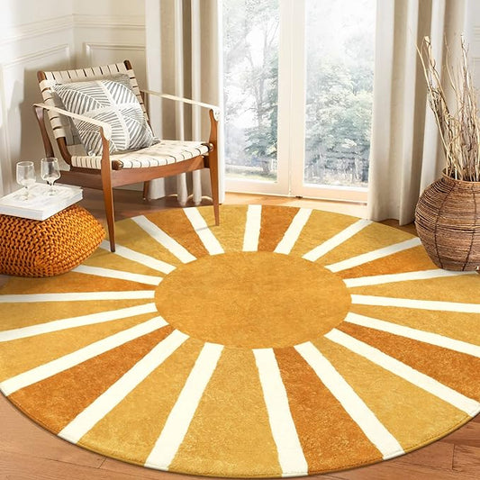 Lahome Boho Round Rug - 3Ft Washable Round Area Rug Non-Slip Small Round Bathroom Rug Throw Soft Kids Nursery Room Rugs Rainbow Sun Print Distressed Round Carpet for Bedroom Entryway Sofa Living Room