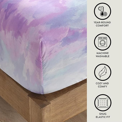 Heritage Kids 3 Piece Sheet Set, Including Top Sheet, Fitted Sheet and Pillow Case, Purple Watercolor Tie Dye, Twin