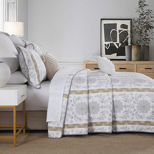 Homzard Quilts Queen Size - Cotton Comforter Set,White Grey Yellow Striped Quilt Bedspread Set,Paisley Bedding Queen Size and Two Pillow Shams